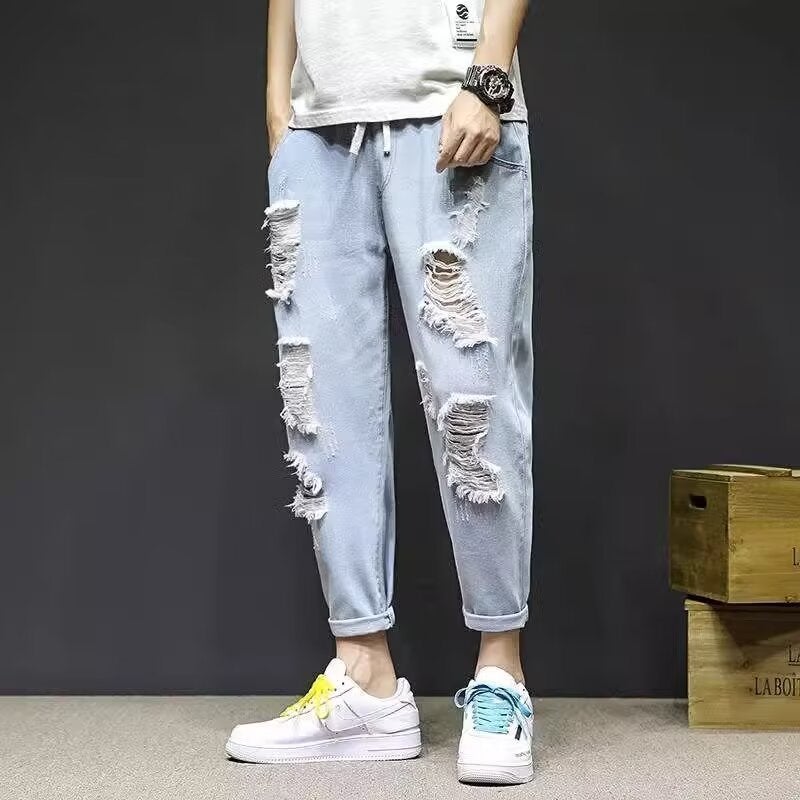 2024 Hong Kong Style Ankle Jeans Men'S Korean Style Loose Ripped Summer Elastant Waist Beggar Pants - Image 3